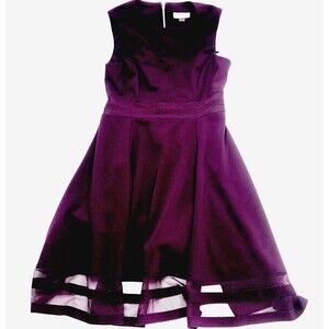 Calvin Klein Dress Mesh Illusion Purple Crepe 6 Womens L Fit & Flare Party Fairy